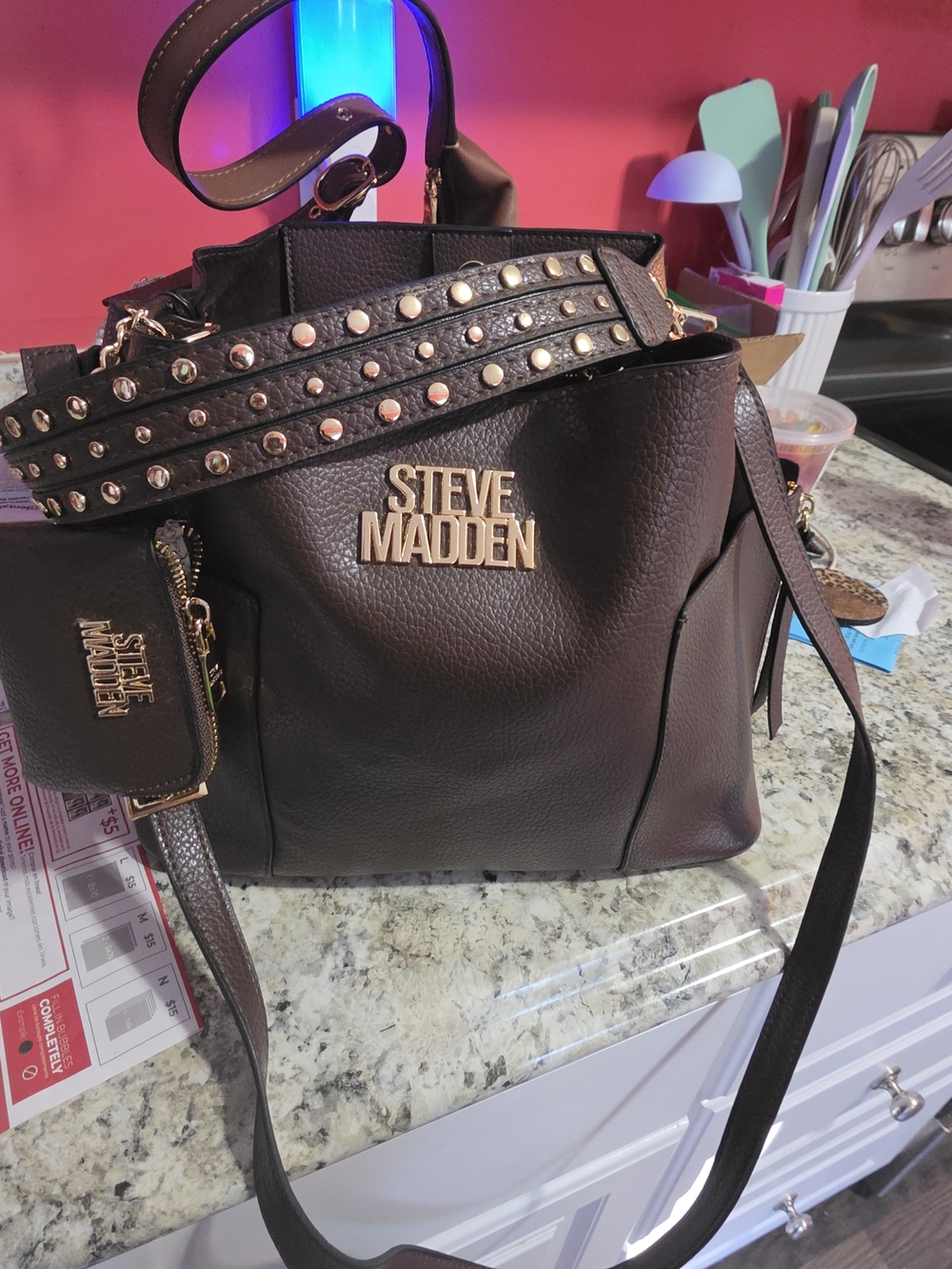 Steve Madden Dark Brown Pebbled Shoulder Tote with Studded Strap
